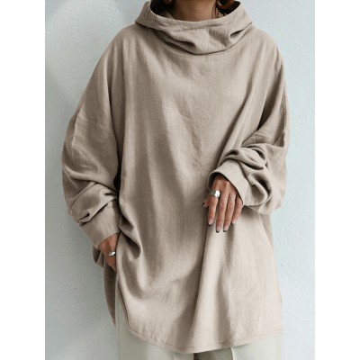 Women 100  Cotton Solid Color Wide Collar Button Cuffs Hoodie