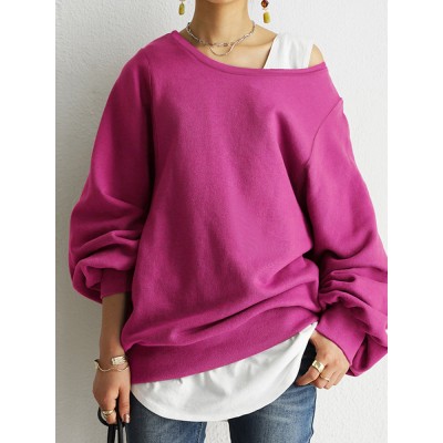 Women Puff Sleeve Solid Thick O  Neck Preppy Homely Sweatshirt