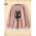 Cartoon Print Stitching Hem Teddy Round Neck Casual Cute Sweatshirt