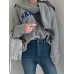 Women Solid Embroidery Words Casual Loose O  Neck Street Fashion Sweatshirt