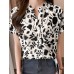 Allover Leaves Print Pocket Button Front Stand Collar Blouse