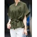 Solid Drawstring Button Short Sleeve Casual Shirt