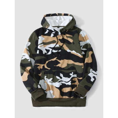 Men Camo Print Kangaroo Pocket Bodycorn Hem Casual Hooded Sweatshirt