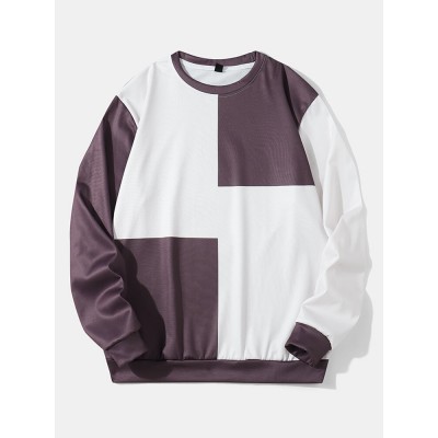 Mens Color Block Crew Neck Preppy Pullover Sweatshirts