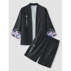 Mens Japanese Wave Print Open Front Kimono Loose Two Pieces Outfits