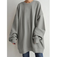 Women Puff Sleeve Crew Neck Solid Color Hem Long Sleeve Sweatshirts