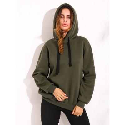 Casual Solid Simple Warm Hoodies Slit Zipper Hem Drawstring For Women