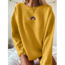 Women Corduroy Funny Pattern Embroidery Collegiate Loose Casual Solid Sweatshirt