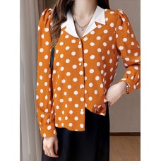 Polka Dot Contrast Color Lapel Button Long Sleeve Casual Shirt