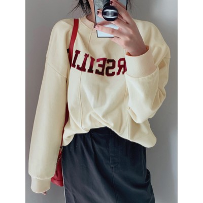 Women Solid Embroidery Words Casual Loose O  Neck Street Fashion Sweatshirt