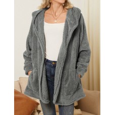 Women Plush Coat Open Front Side Pockets Casual Hooded Sweatshirt