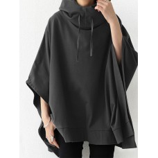 Women Solid Color Turtleneck Collar Dolman Sleeveless Retro Hooded Sweatshirt