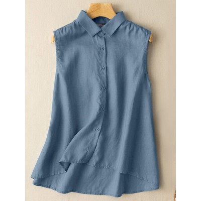 Solid Button Lapel High  Low Hem Sleeveless Casual Shirt