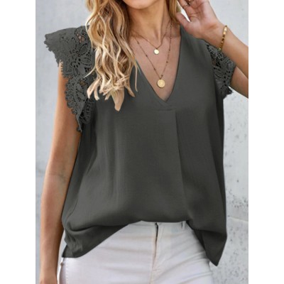 Solid Lace Patchwork V Neck Casual Blouse