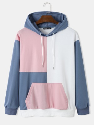 Mens Color Block Patchwork Kangaroo Pocket Preppy Drawstring Hoodies