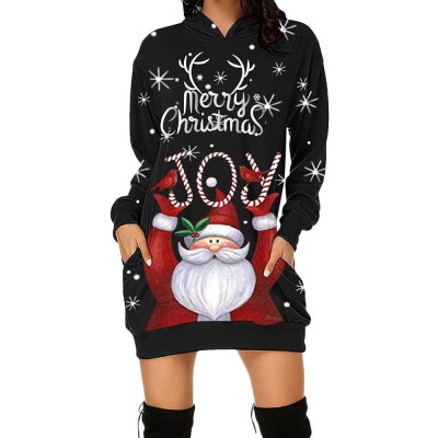 Women Christmas Santa Claus Pattern Side Pockets Long Sleeve Casual Hooded Sweatshirt