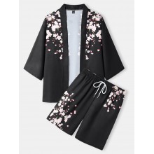 Mens Floral Print Open Front Kimono Loose Two Pieces Outfits