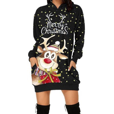 Women Christmas Cartoon Pattern Pocket Print Star Spot Long Sleeve Hooded Sweatshirt