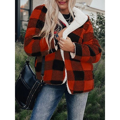 Women Plaid Fleece Hood Long Sleeve Warm Casual Hooded Sweatshirt