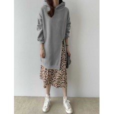 Women Hooded Leopard Printed Contrast Color Faux two  piece Patchwork Sweatshirt Dress