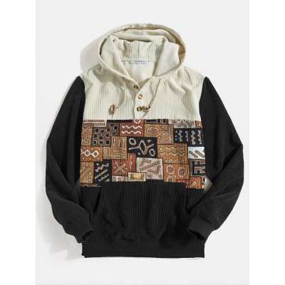 Mens Corduroy Ethnic Printed Buttons Hooded Casual Sweatshirts