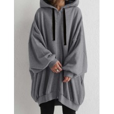 Women Zipper Up Outer Wear Loose Long Solid Hooded Sweatshirt