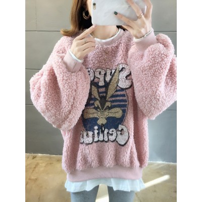 Cartoon Print Stitching Hem Teddy Round Neck Casual Cute Sweatshirt