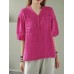 Solid Button Pocket V Neck Half Sleeve Casual Cotton Blouse