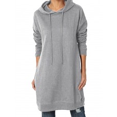 Women Solid Color Casual Long Sleeve Drawstring Side Pocket Hooded Sweatshirt