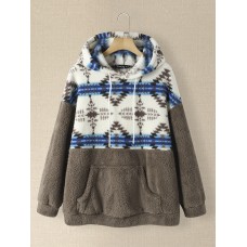 Women Tribal Pattern Patchwork Drawstring Casual Homewear Lamb Loose Hooded Sweatshirt