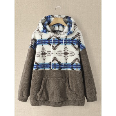 Women Tribal Pattern Patchwork Drawstring Casual Homewear Lamb Loose Hooded Sweatshirt