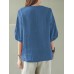 Solid Button Pocket V Neck Half Sleeve Casual Cotton Blouse