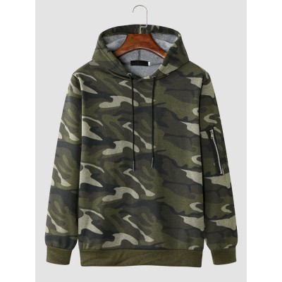 Men Camo Print Zipper Drawstring Bodycorn Hem Casual Hooded Sweatshirt