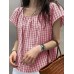 Plaid Square Collar Short Sleeve Casual Blouse