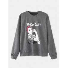 Women Slogan Figure Print Crew Neck Casual Drop Shoulder Sweatshirts