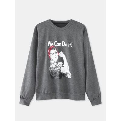 Women Slogan Figure Print Crew Neck Casual Drop Shoulder Sweatshirts