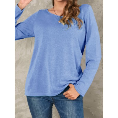 Women Solid Color Basic Designed Pleats V  Neck Long Sleeve Casual Blouses