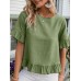 Solid Ruffle Round Neck Short Sleeve Casual Blouse