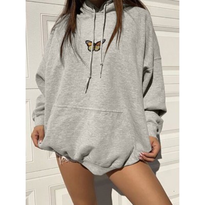 Women Hood Puff Sleeve Loose Butterfly Embroidery Printed Hoodie