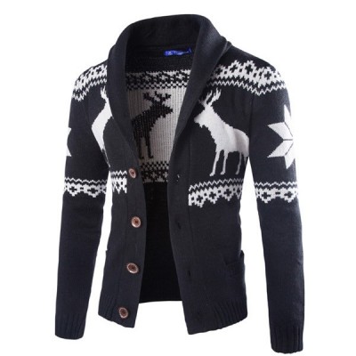 Mens Christmas Casual Turndown Collar Quality Deer Coat Knit Cardigan Sweater