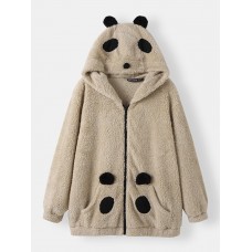 Women Plush Panda Pocket Long Sleeve Casual Hooded Sweatshirts