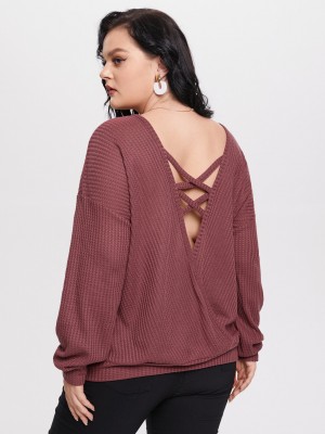 YOINS Plus Size Round Neck Criss  Cross Waffle Knit Knitwear