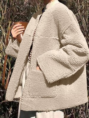 Women Solid Thick Plush Zipper Up Crew Neck Hoodie with Side Pockets