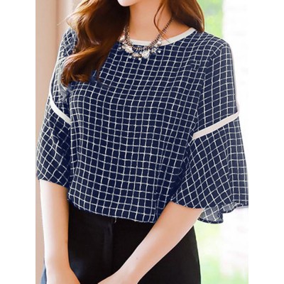 Contrast Check Print Half Sleeve Crew Neck Chiffon Blouse