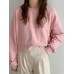 Women Long Sleeve Solid Round Necked Narrow Hem Pullover Sweatshirt