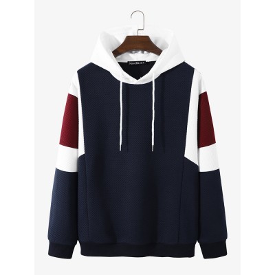 Men Texture Colorblock Stitching Loose Casual Drawstring Hoodies