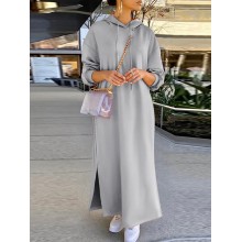 Women Solid Slit Drawstring Long Sleeve Ankle Length Casual Hooded Sweatshirts