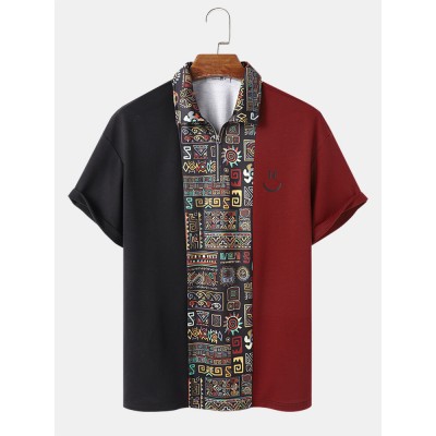 Mens Smile Face   Geometric Print Patchwork Short Sleeve Golf Shirts