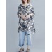 Plant Print Split V Neck High  Low Hem Cotton Casual Blouse